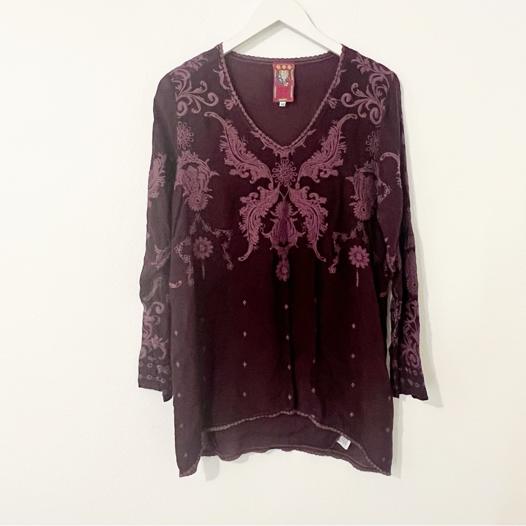 Johnny Was Maroon Embroidered Tunic Top Long Sleeve Size Xs